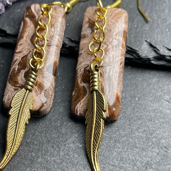 Elegant Hand Crafted Gold and Brown Feather Dangle Earrings - Picture 11 of 14